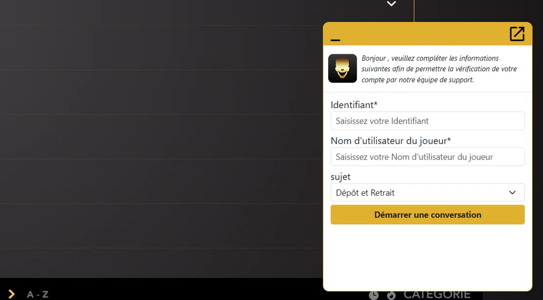 Casino Joka Club formulaire de support en direct avec champs identifiant, nom d'utilisateur et sélection du sujet pour contacter l'assistance