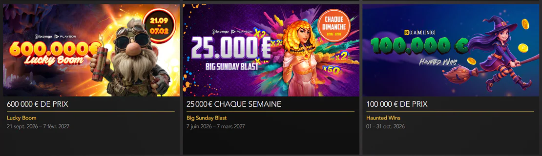 Casino Joka Club promotions avec Lucky Boom à 600 000 € de prix, Big Sunday Blast à 25 000 € par semaine et Haunted Wins à 100 000 € de prix